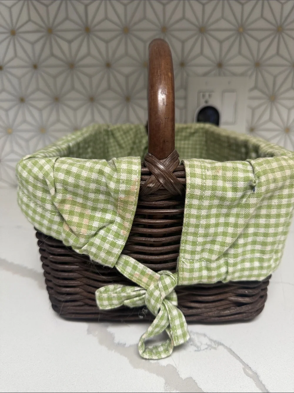 Dark Brown Wicker Basket with Green Gingham Liner